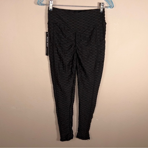 New S/M New Mix Black Textured Leggings Pull On Stretch Athletic Goth - Picture 6 of 12